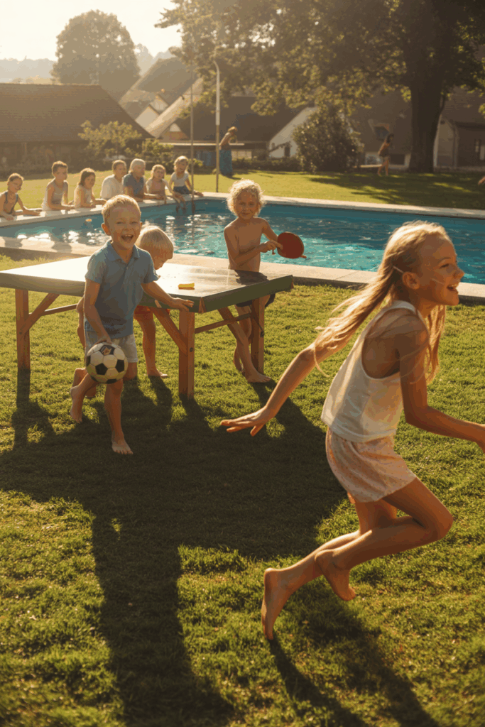 Kinder treiben gemeinsam Sport – Fußball, Tischtennis und Schwimmen.