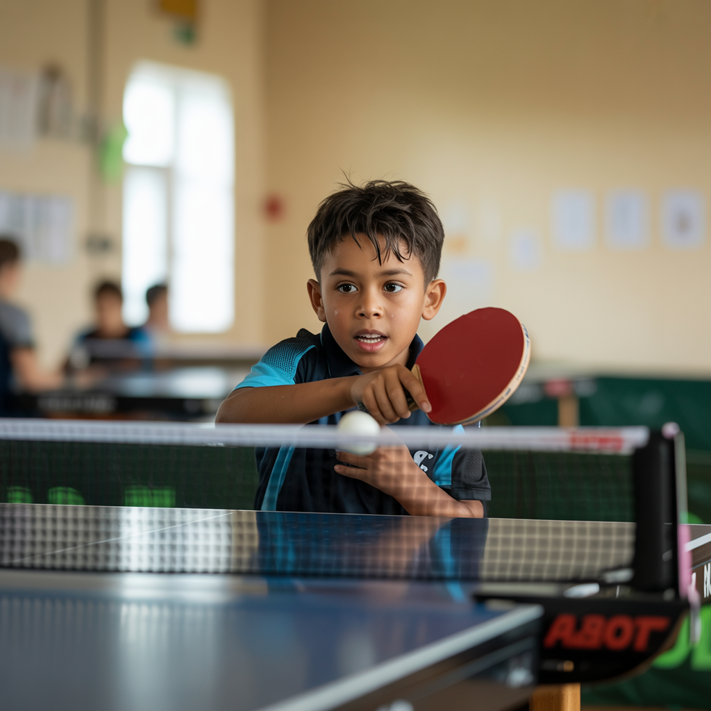 Kinder treiben gemeinsam Sport – Fußball, Tischtennis und Schwimmen.