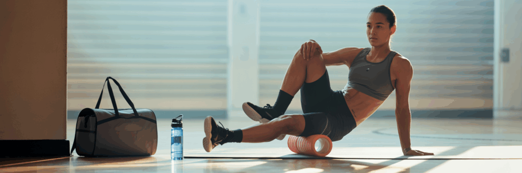 Sportler mobilisiert und rollt die Muskulatur zur Verletzungsprävention.