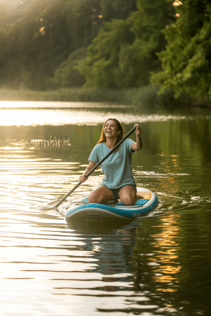 Einsteigerin auf dem SUP und Jogger beim Start – sanfter Weg zurück in den Sport.